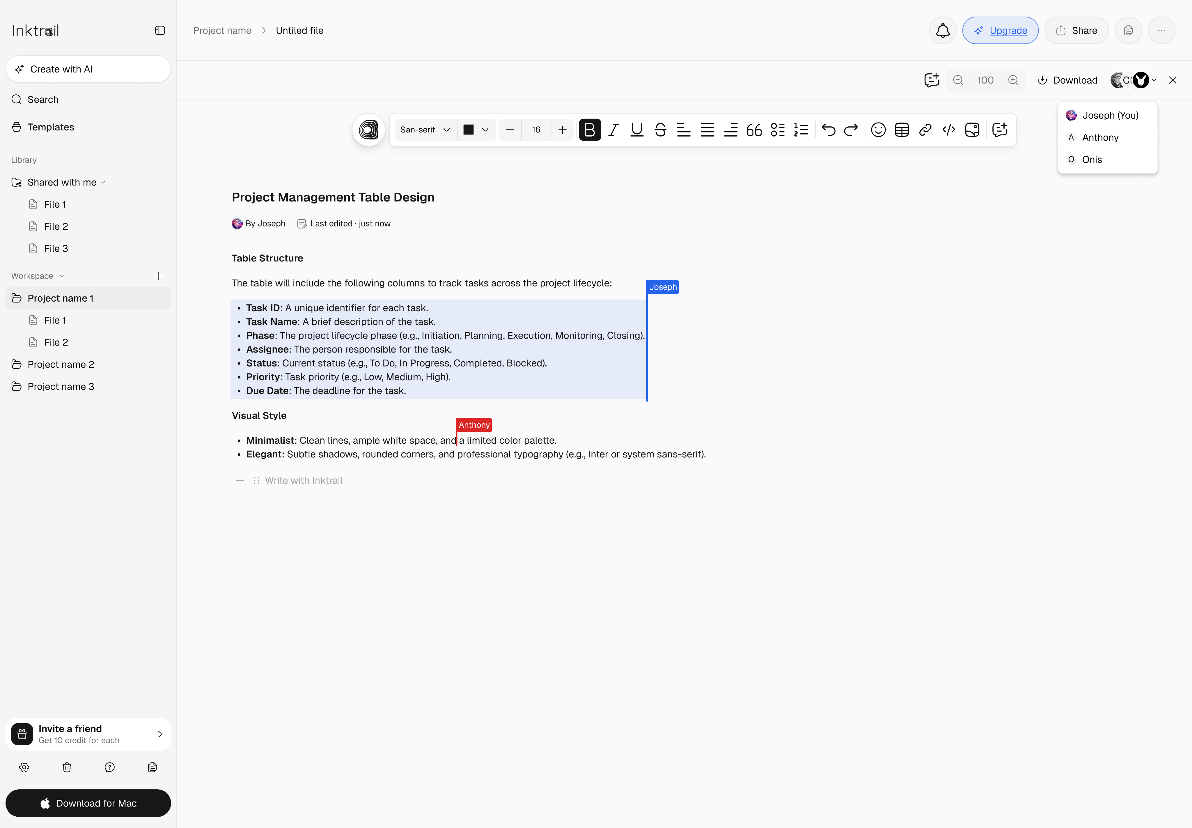 Inktrail canvas editor