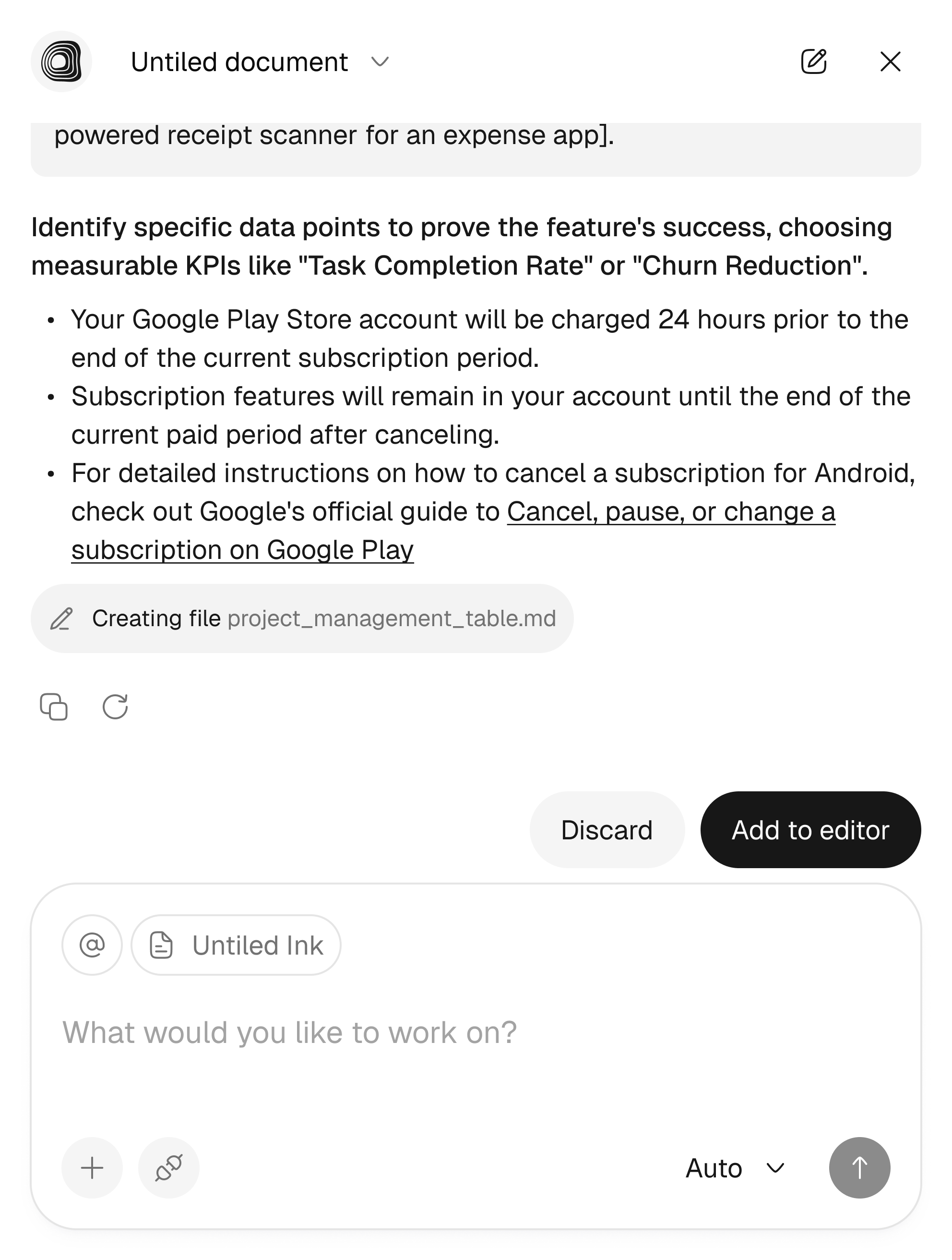 AI chatbox generating a document